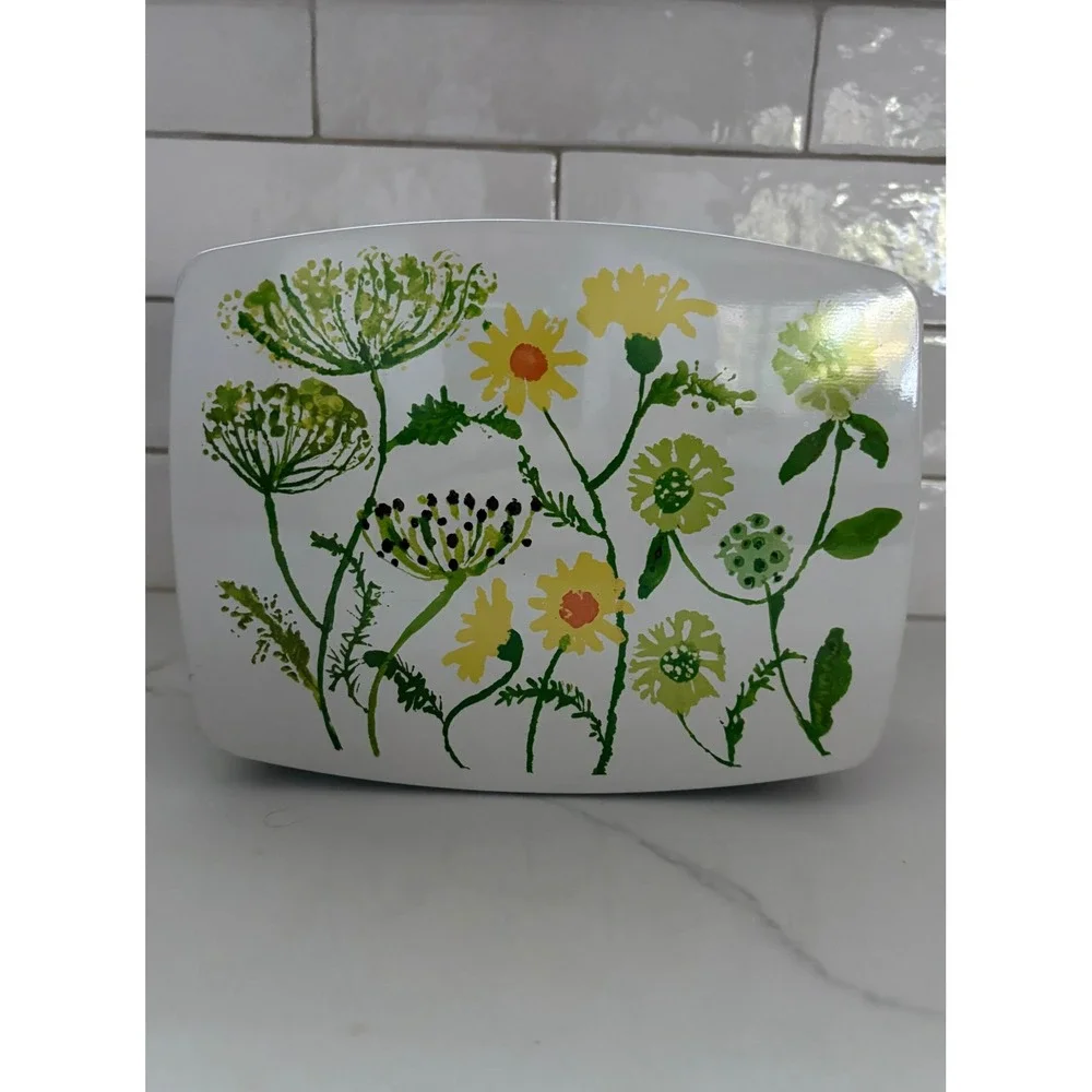 Vintage IRA Denmark Floral Tin Box S Lepid Mid Century Modern White Gold Storage